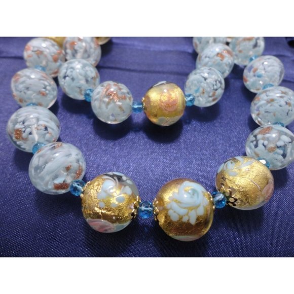 Murano Glass Bead Double Strand Necklace Bracelet Earring Set Blue Gold Stauer - Picture 7 of 11